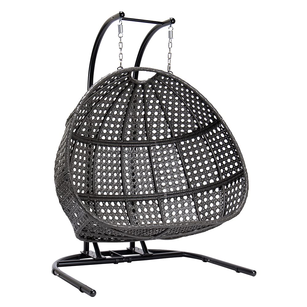 Double Egg Chair with Stand, 2 Person Heavy Duty Hanging Wicker Rattan Swinging Chair Hammock Nest Chair for Indoor Outdoor Patio Lounger Swinging Loveseat Perfect for Balcony Garden - Dust Blue Lambgier