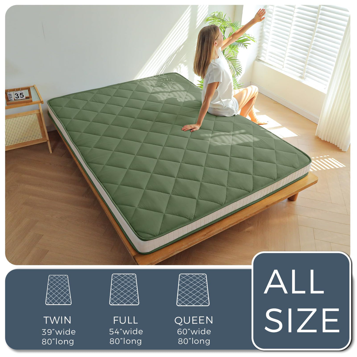 MAXYOYO 6" Extra Thick Futon Mattress Floor Mattress, Queen Size Diamond Pattern Mattress Pad Tatami Pad Japanese Floor Mattress for Adults Floor Bed Roll Up Mattress Guest Mattress, Green MAXYOYO