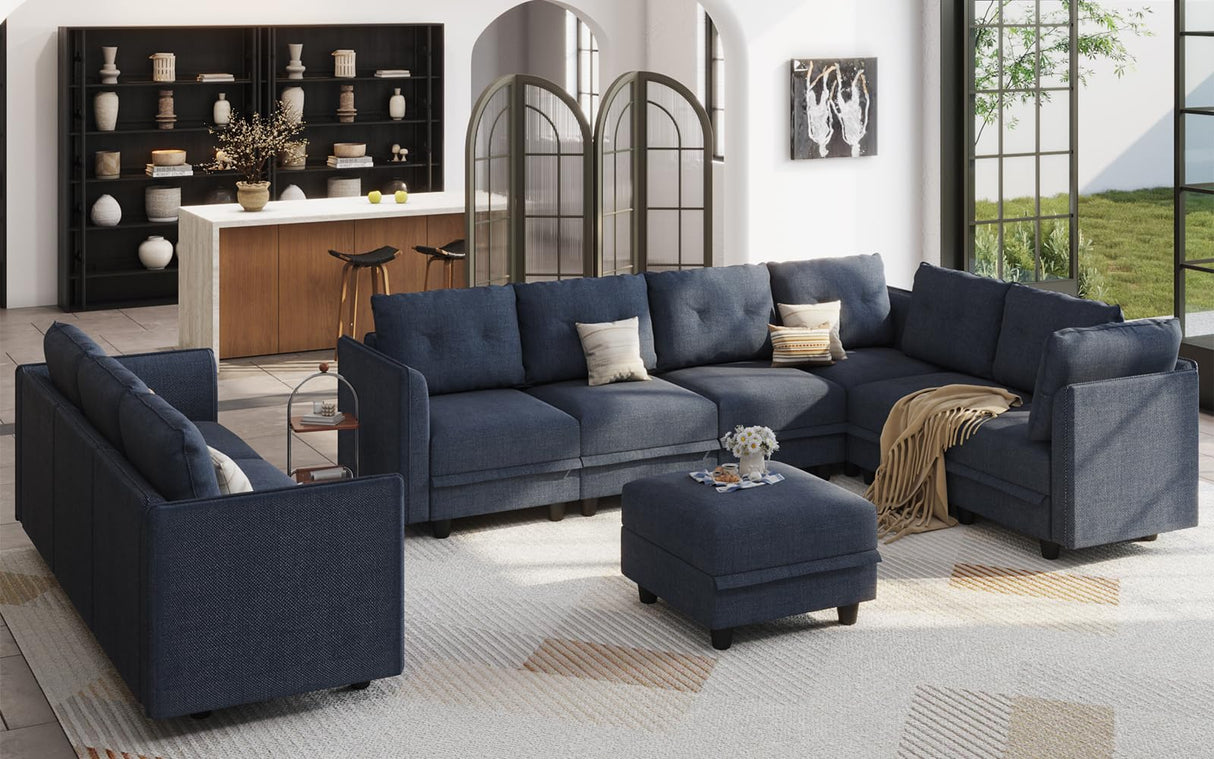 LLappuil Oversized Sectional Sofa Modular Couch with Storage, 10 Seater U Shaped Sectional Couches Set for Living Room, Denim Blue LLappuil