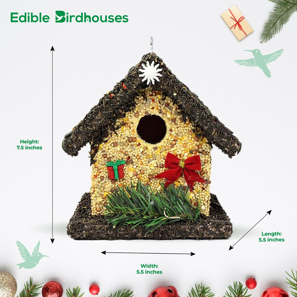 Handmade Edible Birdhouse- Unique Wooden Birdhouse Covered w/Birdseed- Reseedable Bird Feeder-Made in USA- Holiday Design! (SD) EDIBLE BIRDHOUSES