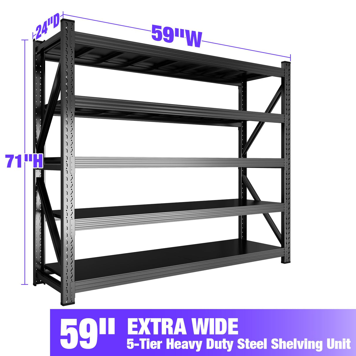 8000LBS Garage Shelving Heavy Duty, 5-Tier 71" H Storage Garage Shelves, Industrial Adjustable Metal Shelving Units for Garages, Warehouses, Kitchen, Black, 59" W x 24" D x 71" H Koestem
