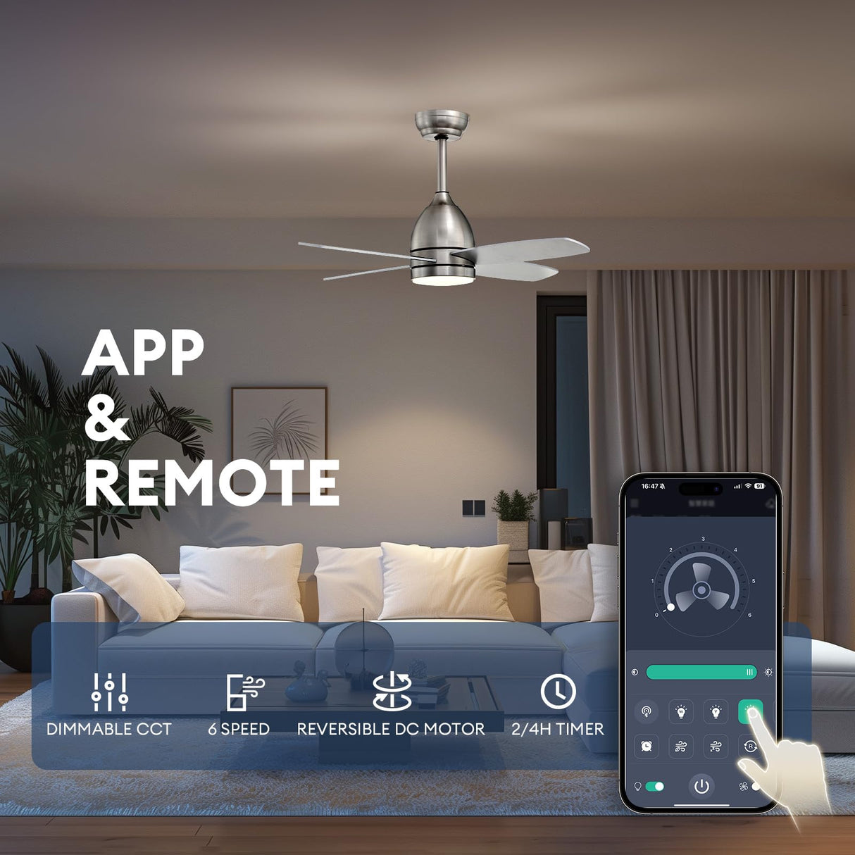 SNZ 38 Inch Flush Mount Ceiling Fans with Lights and Remote Control, Nickel Low Profile Ceiling Fan for Bedroom, Living Room,Office,Kitchen,Patios Indoor and Outdoor Use SNZ