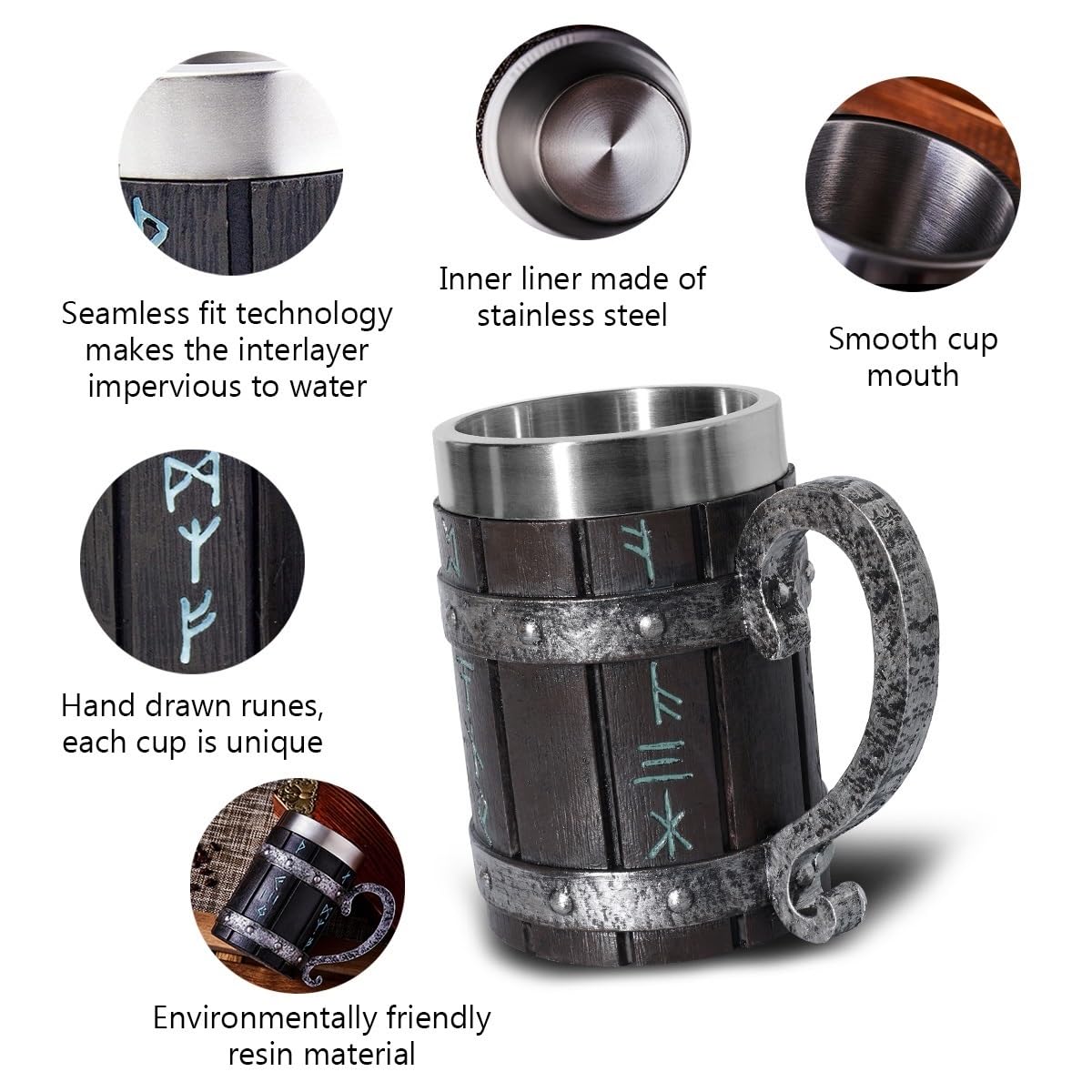 Vintage Handmade Wooden Beer Barrel Mug,Bar Restaurant Mug With Handle,Resin Bucket Mug for Men Coffee Beverage Cocktail,Stainless Steel Liner Beer Stein Tankard Beer Cup Unique Gift Mug HQSLPS