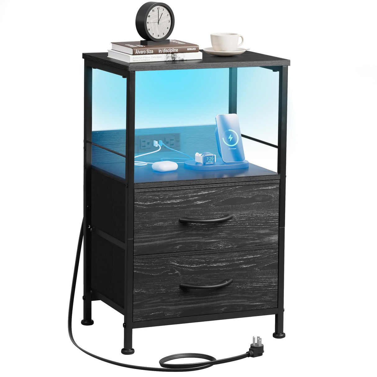 WLIVE Night Stand with Charger Station, LED Nightstand for Bedroom, Small Dresser with 2 Fabric Drawers for Small Spaces, Bed Side Table, Charcoal Black and Wood Grain Print WLIVE