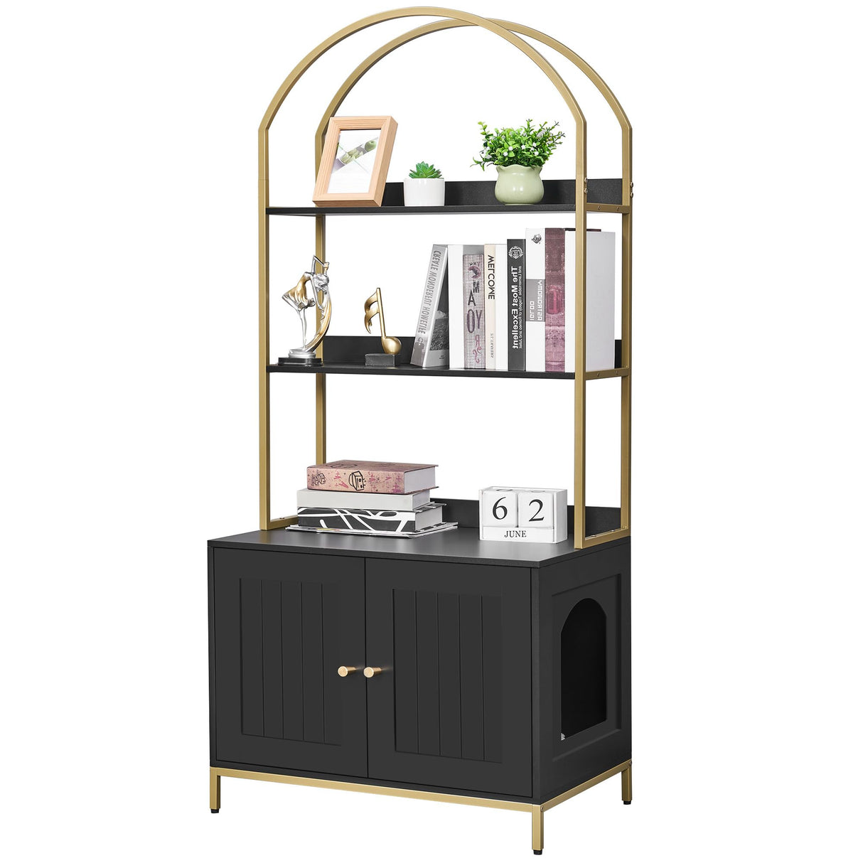 Homhedy Cat Litter Box Enclosure, Litter Box Furniture Hidden with 2-Tier Storage Shelves, Wooden Cat Washroom Furniture with Metal Frame, Cat House, Modern Style, Black and Gold Homhedy