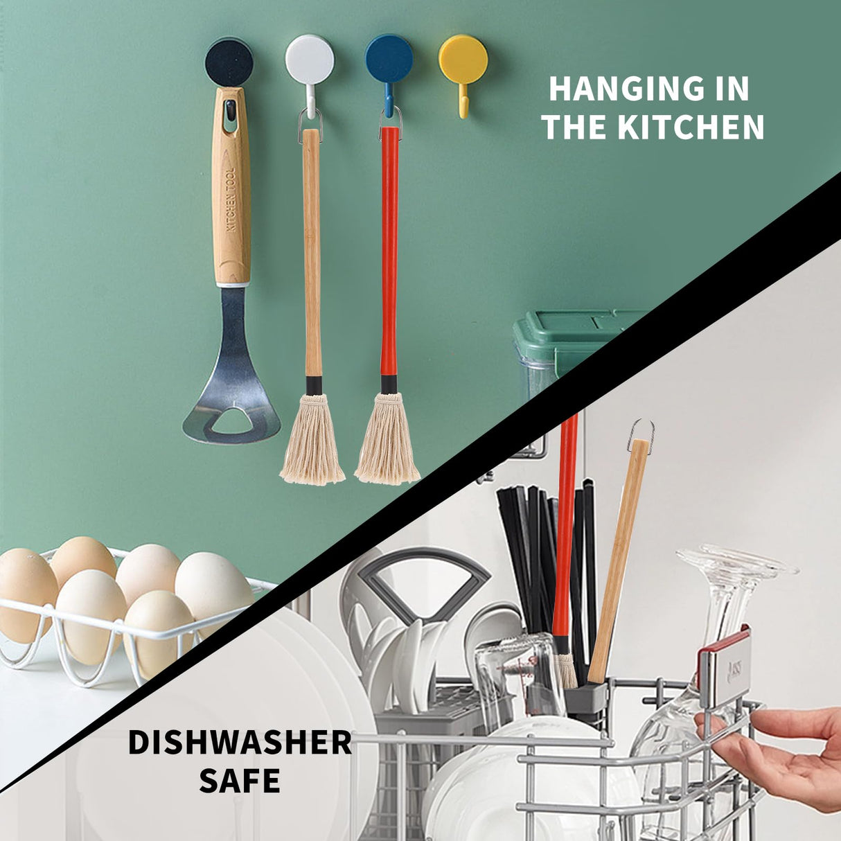 2 Pack 18 inch Grill Basting Mop with Wooden Long Handle and 2 Extra Replacement Brushes for BBQ Grilling Smoking Steak (Nature Wood & Brown) Theuzi