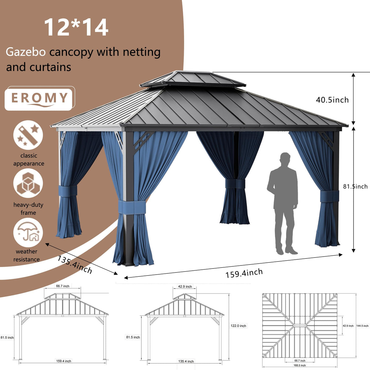 RTDTD 12’x14’ Hardtop Gazebo Outdoor Aluminum Frame Permanent Gazebo Galvanized Steel Double Roof Pergola with Nettings and Curtains for Patio, Lawns,Backyard, Deck(Navy) RTDTD