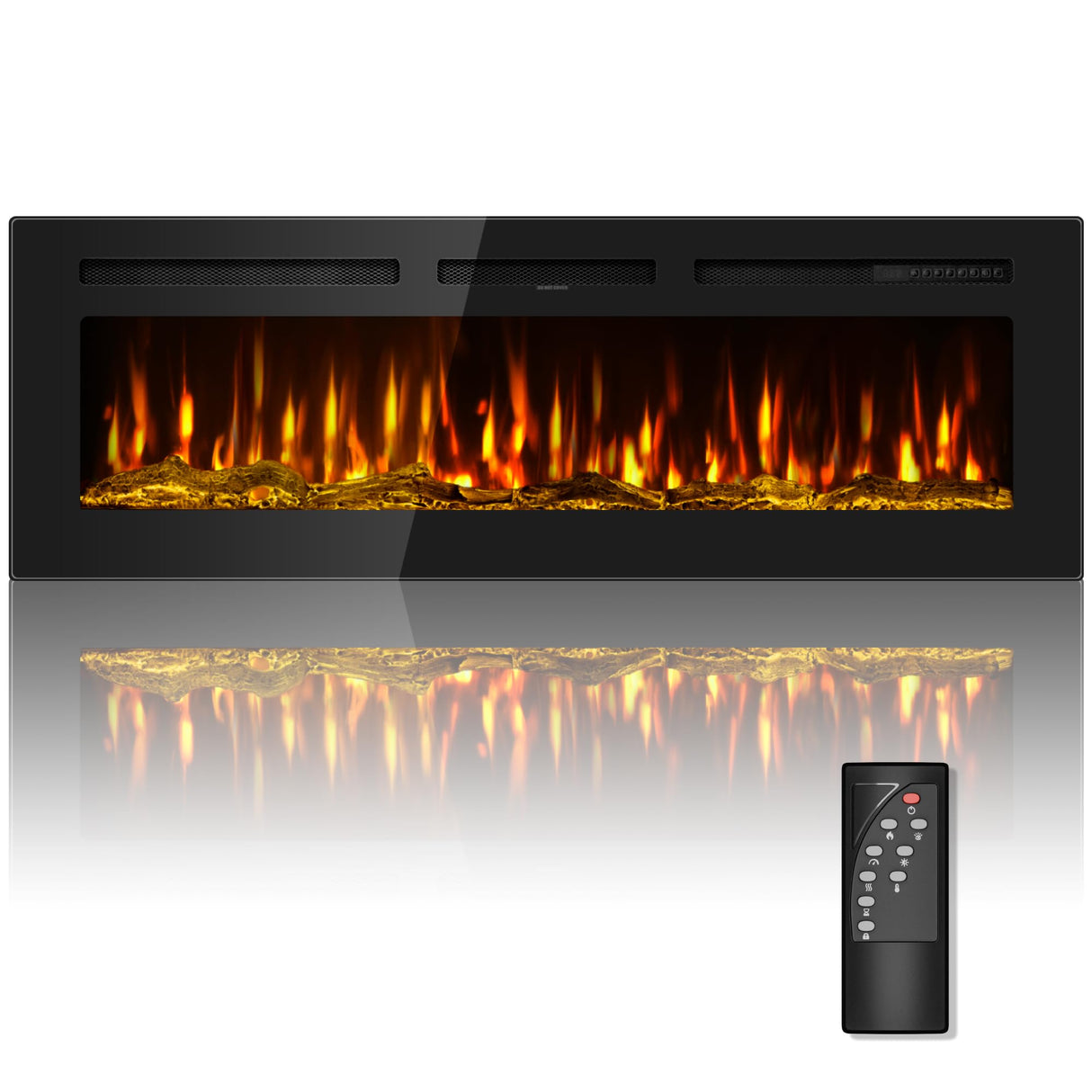 Urbansync Electric Fireplace 60 Inch Recessed and Wall Mounted Black Log and Crystal, 12-Color Flame, Timer, Low Noise, 750/1500W, Touch Screen and Remote Control, Adjustable Flame Color Speed. Urbansync