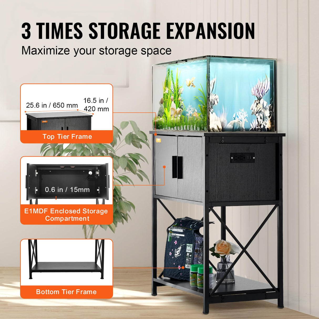 VEVOR Aquarium Stand, 20 Gallon Fish Tank Stand, 25.6 x 16.5 x 31.9 in Steel and MDF Turtle Tank Stand, 167.6 lbs Load Capacity, Reptile Tank Stand with Storage Cabinet and Embedded Power Panel, Black VEVOR