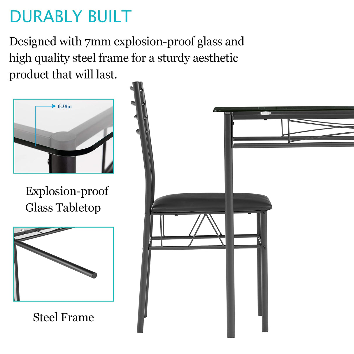 VECELO 5-Piece Kitchen Dining Table Set, Glasses Tabletop & Heavy-Duty Metel Frame, Rectangle Dinette with 4 Chairs for Small Space, Breakfast Nook, Glasses & Black VECELO