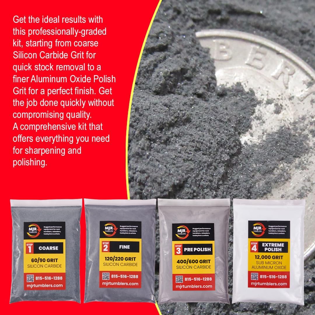 MJR Tumblers Refill Grit Kit w Premium Quality Extreme Polish 12,000 Grit Sub Micron Aluminum Oxide Polish for Unparalleled Result. for 6lb Rock Tumblers w Silicon Carbide, Disabled and Veteran Owned MJR Tumblers