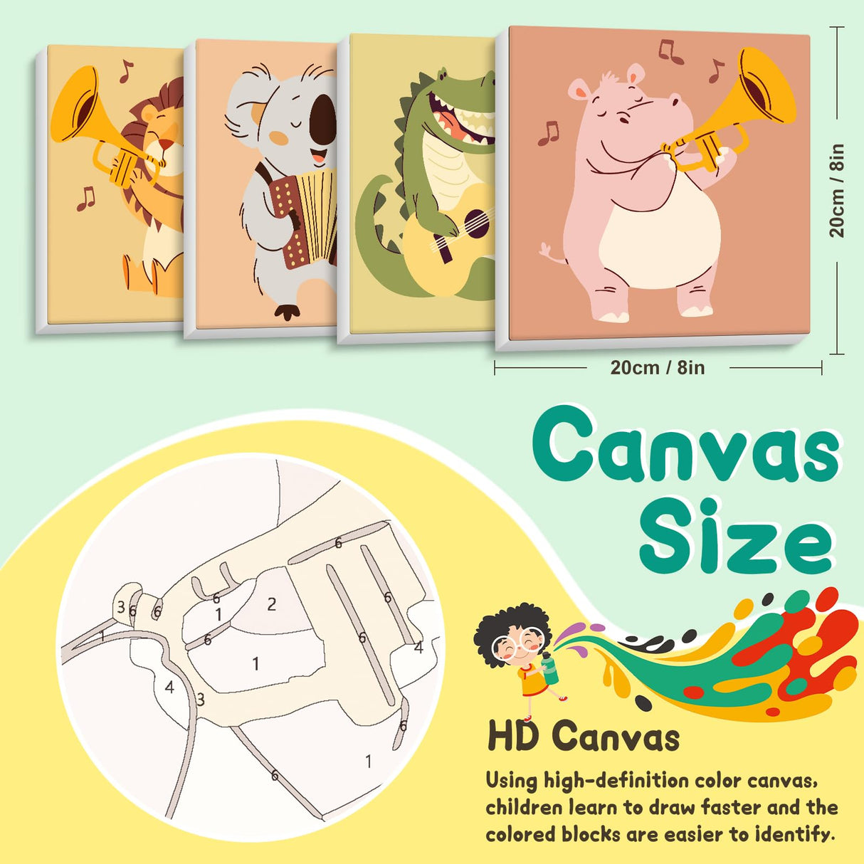 4 Pack Paint by Numbers Kit for Kids with Wooden Frame, Animals Easy Framed Paint by Numbers for Kids Age 4-8-12, DIY Simple Acrylic Oil Kids Painting by Numebrs Kit for Home Wall Decor (8x8 Inch) Offito