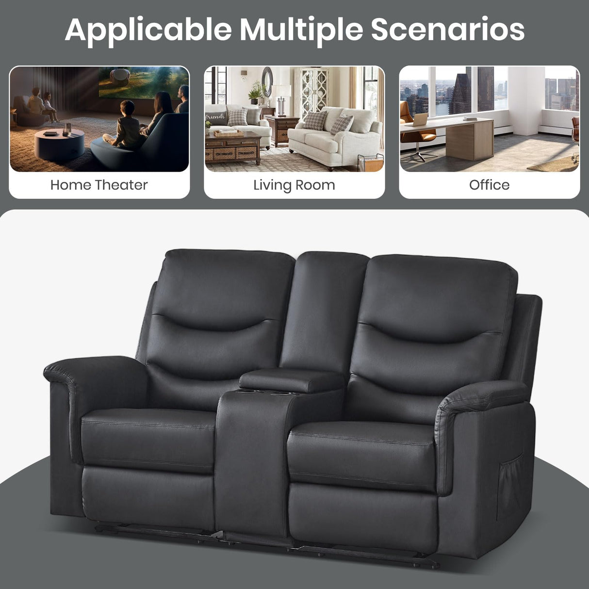 Consofa Reclining Loveseat with Console, Manual Loveseat Recliner Sofa, Wall Hugger Double Reclining Loveseat with Side Pockets & Cup Holders for Living Room, Office, Home Theater Consofa