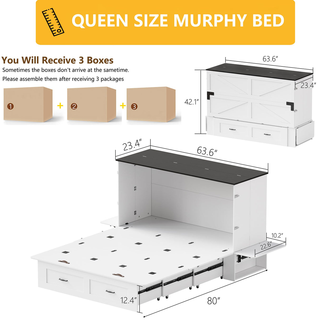 WJFORLION Murphy Bed Queen, Foldable Bed Murphy Cabinet with Storage & Charging Station, Bed Frame for Living Room, Guest Bedroom WJFORLION