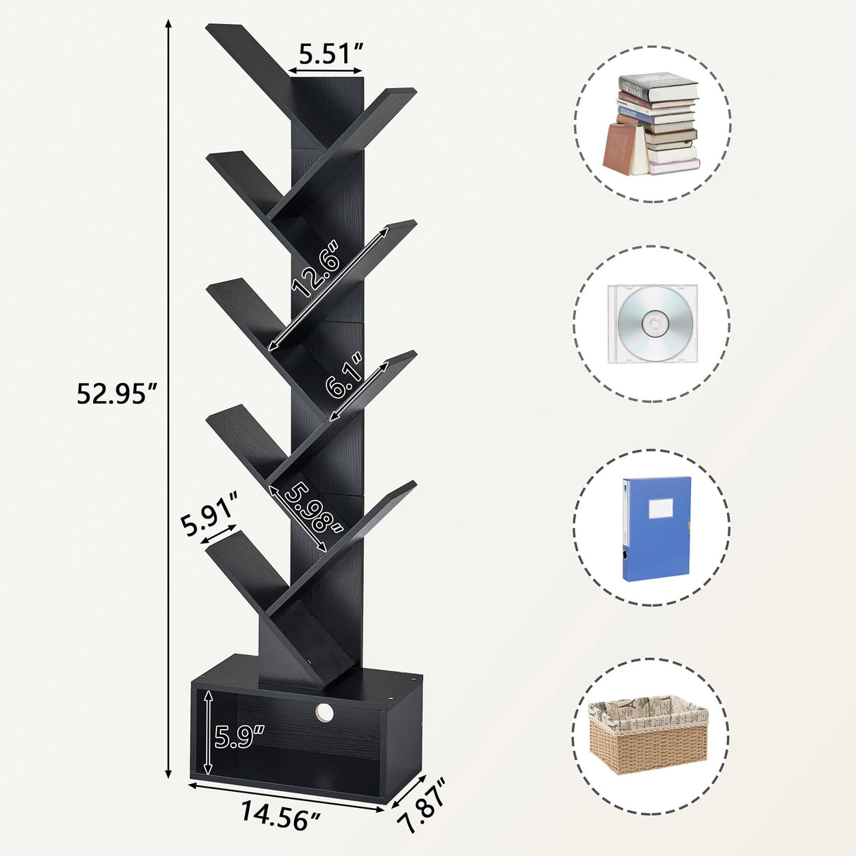 Tajsoon 9-Tier Black Tree Bookshelf with Drawer – Modern Home Storage Solution Tajsoon