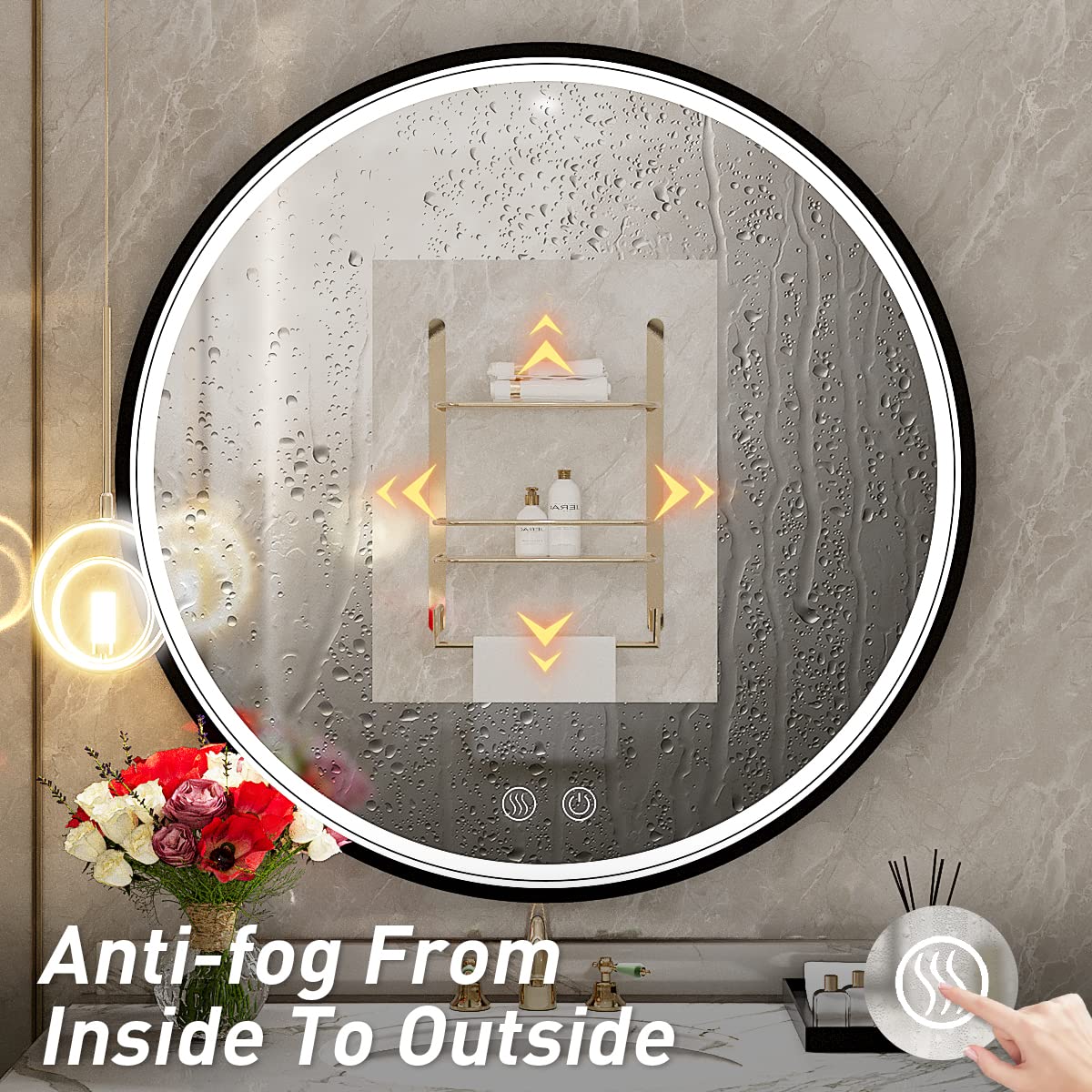 FTOTI 28 Inch LED Black Frame Round Mirror,Round Bathroom Mirror with Light,Anti-Fog & Dimmable Touch Switch, Waterproof IP54,90+ CRI FTOTI