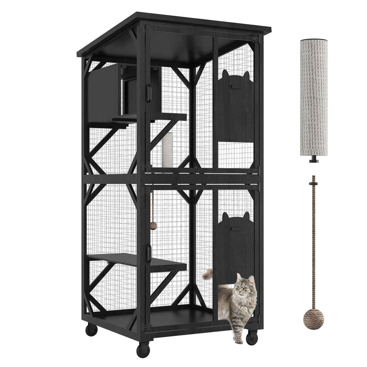 ROOMTEC Catio Outdoor Enclosure With Roof - 71" Height Wooden House, Large Cage With 3 Jumping Platforms and 1 Napping House for Cat Activity (Black) ROOMTEC