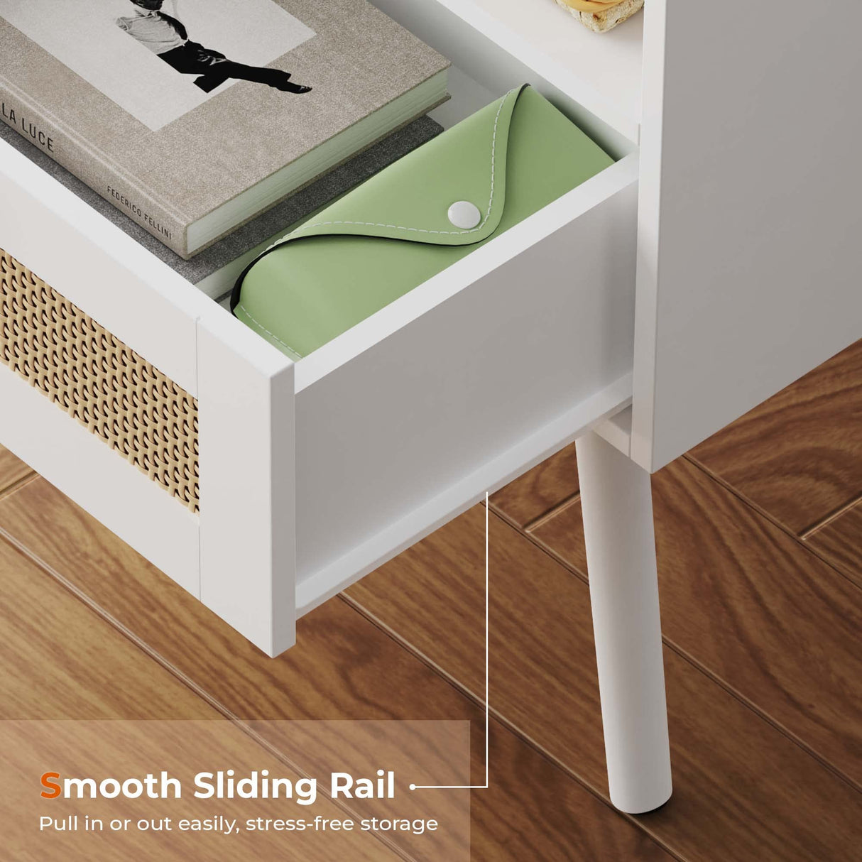 SUPERJARE Nightstands with Charging Station, Bedside Table Set of 2 with PE Rattan Drawers, Rattan Side Table with Storage & Solid Wood Feet, End Table for Bedroom, White SUPERJARE