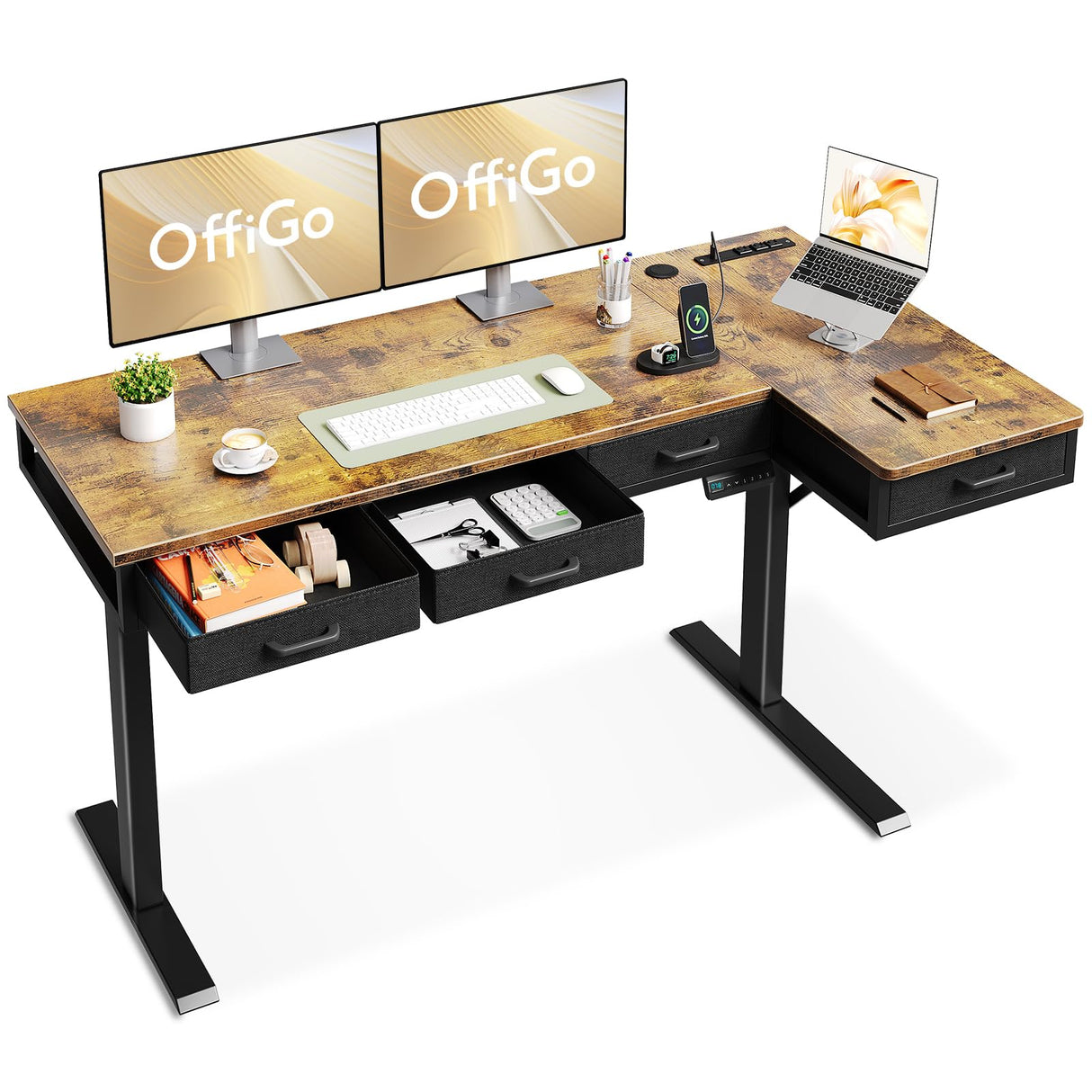 OffiGo 63 Inch L Shaped Electric Standing Desk with Drawers, Height Adjustable Large Desk with Power Outlets, Sit Stand Table, Writing Computer Desk for Home, Office, Workstation, Rustic Brown OffiGo