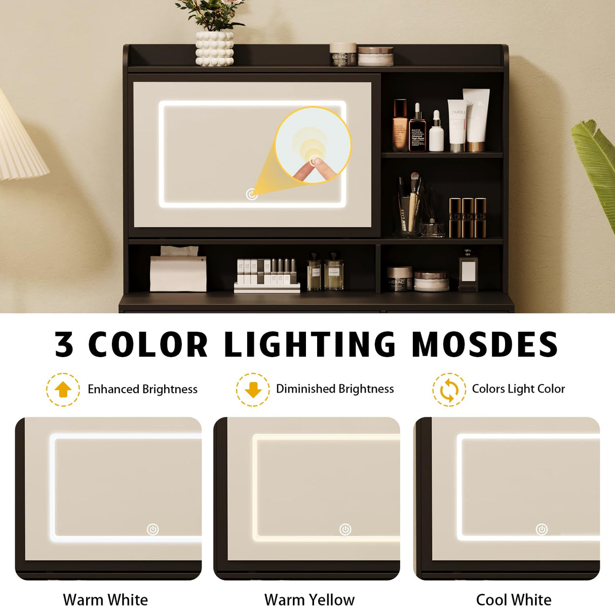 Viaozutis Vanity Desk with a Mirror and Lights,with Chair and Four Drawers, Three Adjustable Lighting Modes,with Power Outlet and Sliding LED Mirror,Bedroom Vanity Desk (Black) Viaozutis