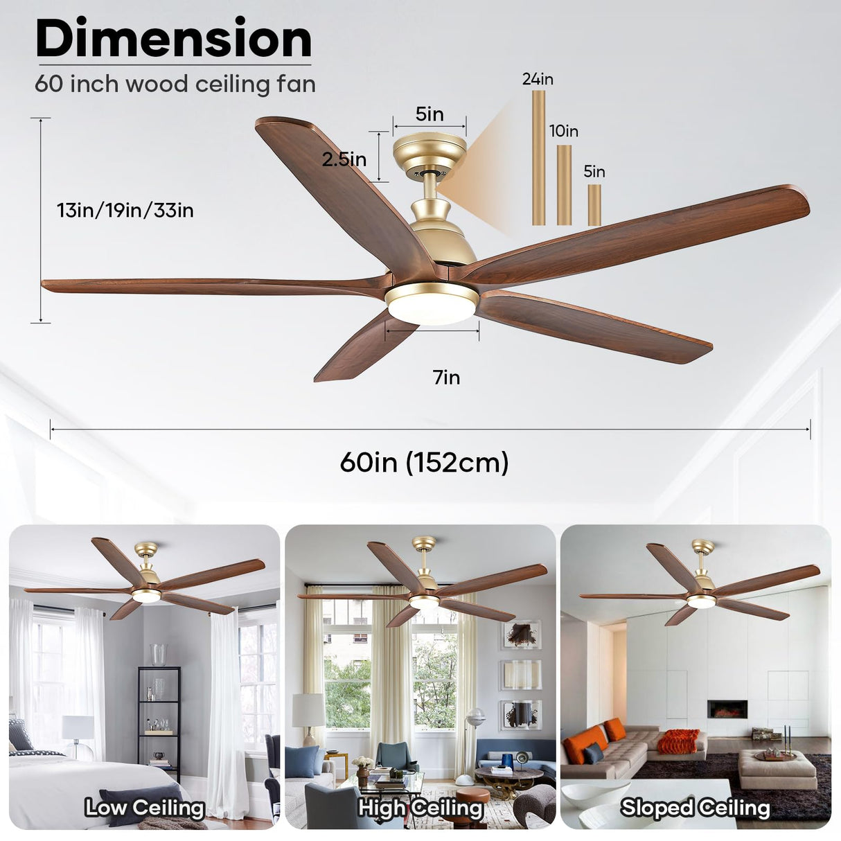 YZEENM 60 Inch Ceiling Fan with Light, Outdoor Ceiling Fans for Patios, Gold Ceiling Fan with LED Lights and Remote, 5 Solid Wood Blade, Quiet DC Motor, Farmhouse Outdoor Large Ceiling Fan Walnut YZEENM