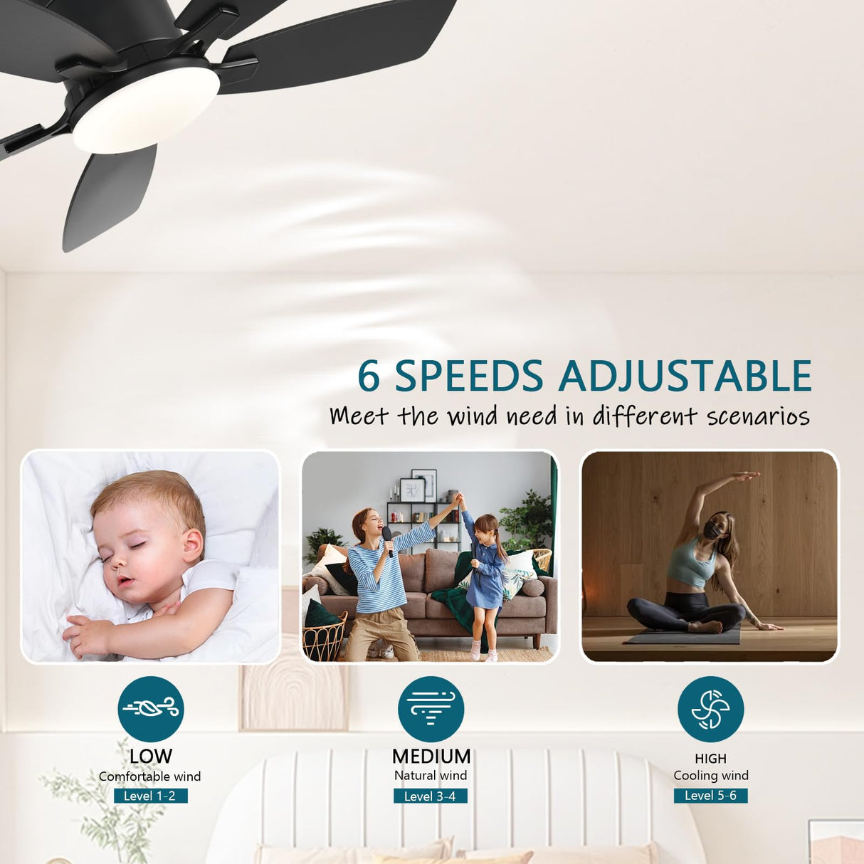 Ayaoty Ceiling Fans with Lights, 42 inch Low Profile Ceiling Fan with Light and Remote Control, Flush Mount, Reversible Motor, Dimmable, Noiseless, Black Ceiling Fan for Bedroom, Indoor/Outdoor Use Ayaoty