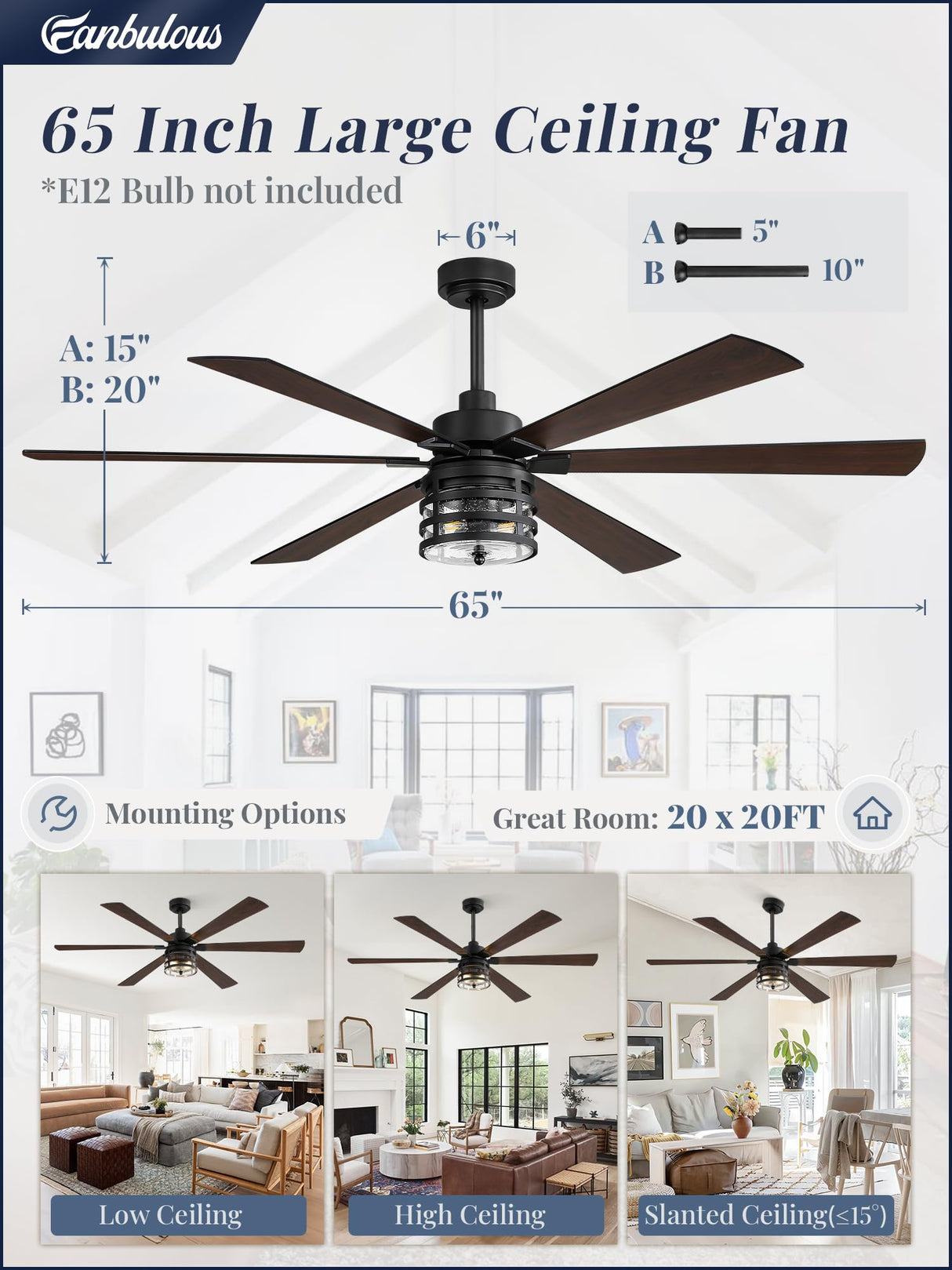 Fanbulous 65" Farmhouse Ceiling Fans with Lights and Remote,Industrial Large Ceiling Fan with 6-Speed Reversible DC Motor and 6 Dual Finish Blades,Black Ceiling Fan with Light for Living bedroom Patio Fanbulous
