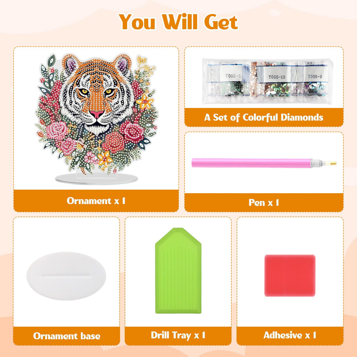 GHHKUD Tabletop Diamond Art Tiger Kits for Adults Kids, DIY Double Sided Animals Desktop Ornaments Special Shaped Rhinestone Stand Up Desk Placements, 5D Gem Gifts Home Decoration GHHKUD