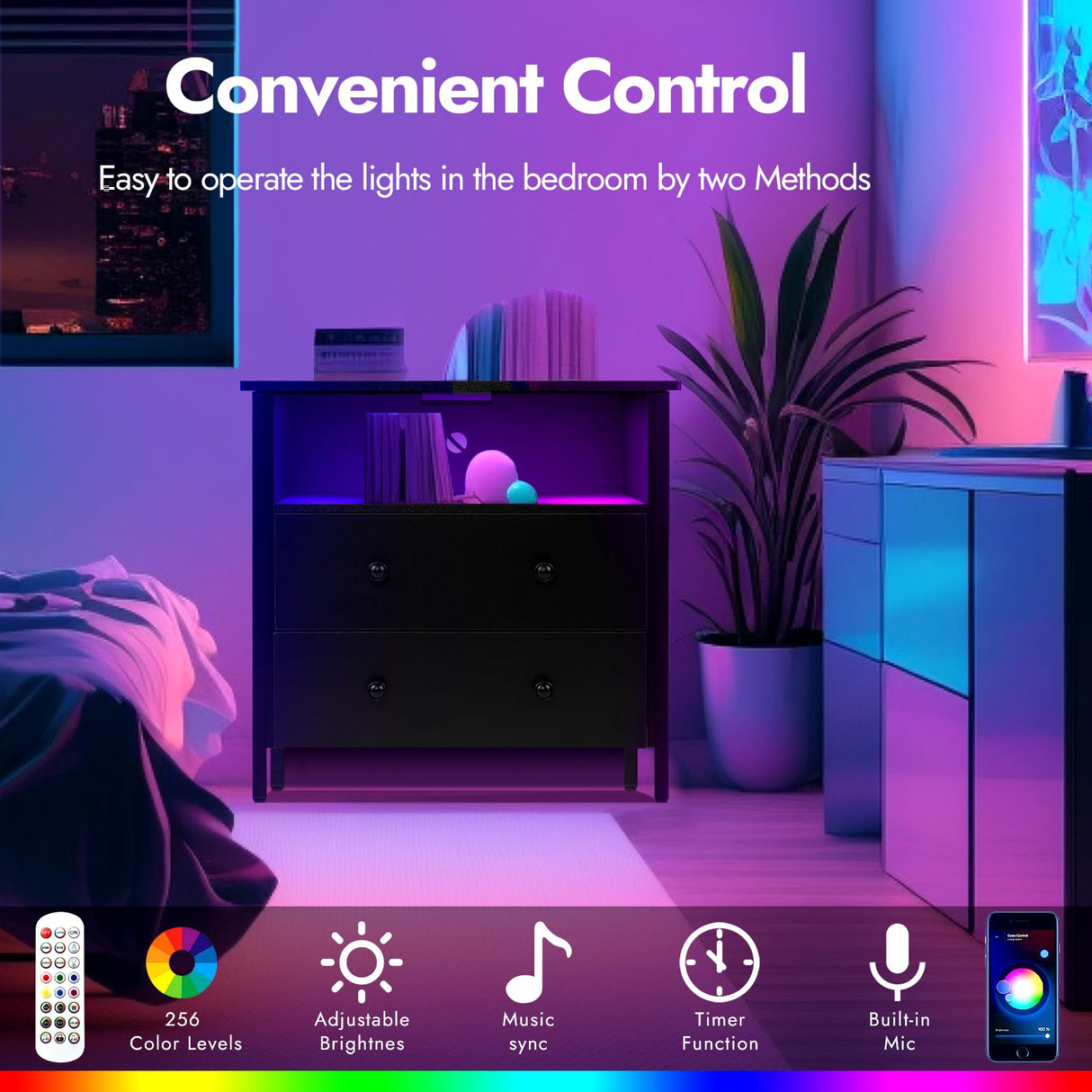 Tykacna 27 Inch Wide Night Stand, Large Wooden Night Stand with 2 Drawer, LED Nightstand with Charging Station and Adjustable Drawer, Bedside Table for Living Room/Bedroom/Study/Office, Black. Tykacna