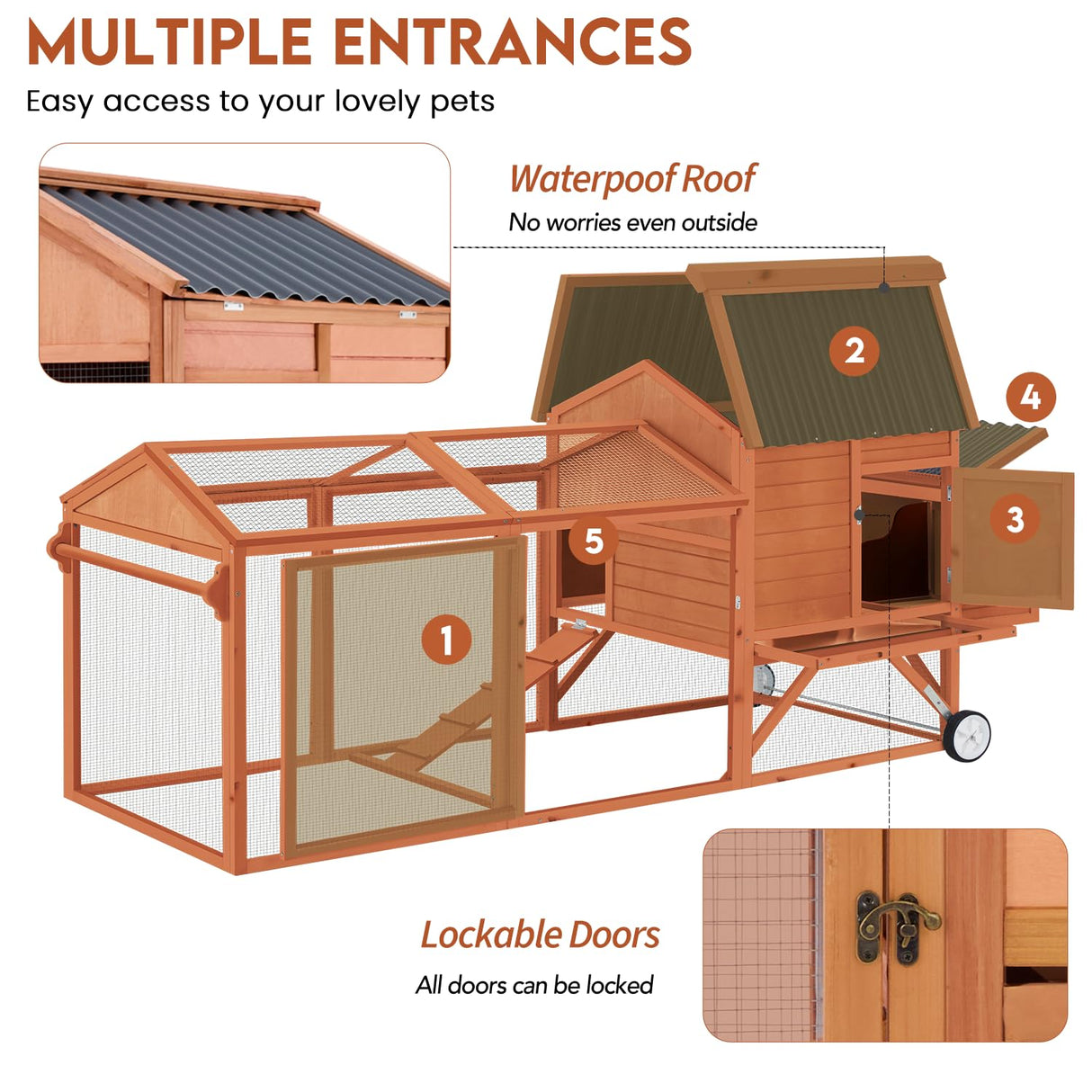 U-MAX 95“ Chicken Coop with Wheels, Wooden Chicken Tractor Hen House with Run, Nesting Boxes, Ramps, Removable Tray, Natural Wood U-MAX