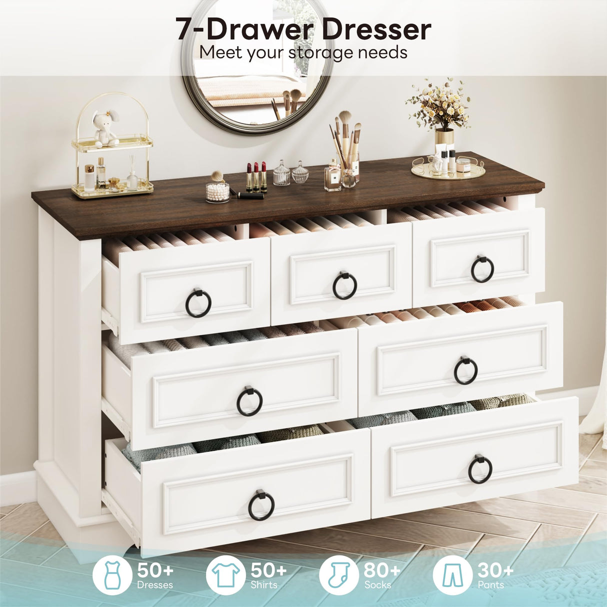 LIKIMIO Farmhouse Dresser for Bedroom with 7 Drawer, 47.2" Wide Wood Rustic Chest of Drawers with Round Metal Handle, Thickened Desktop, Storage Dressers for Bedroom, Hallway, Entryway, White LIKIMIO