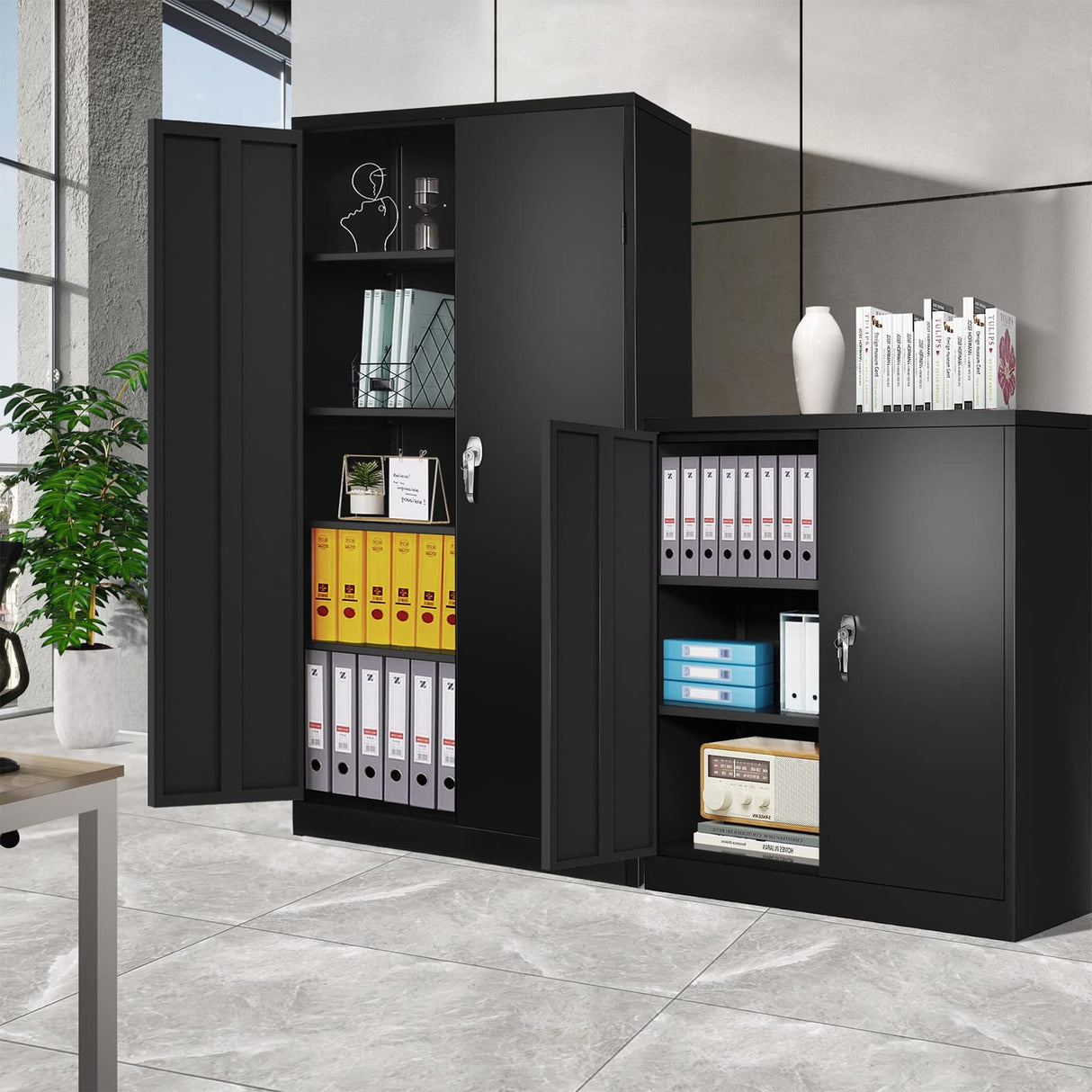 Greenvelly Metal Cabinet, 42" Locking Storage File Cabinet with Doors and Shelves for Office,Home,Gym,School,Kitchen(Black) Greenvelly