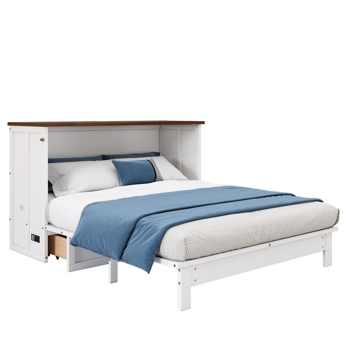 Merax Modern Farmhouse Solid Wood Murphy Cabinet Bed with Storage Drawers, Wall Daybed No Box Spring Needed/Easy Assemble/Full,White+Walnut Merax