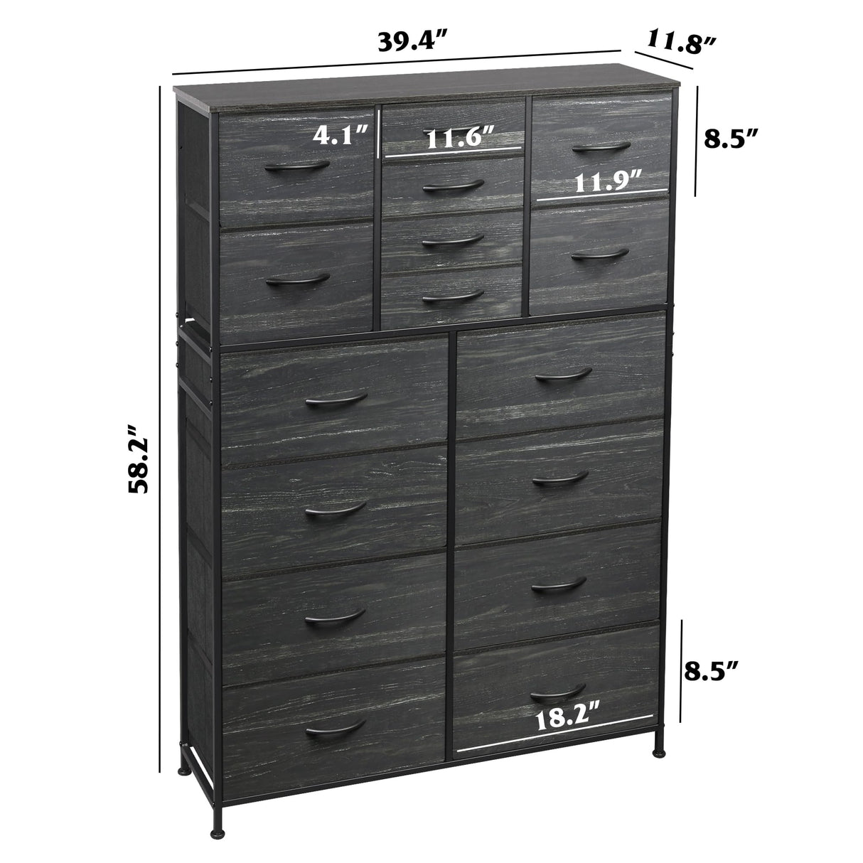 WLIVE 16 Drawers Dresser, Tall Dresser for Bedroom, Closet, Hallway, Storage Dresser Organizer unit, Large Dressers & Chests of Drawers with Fabric Bins, Charcoal Black Wood Grain Print WLIVE
