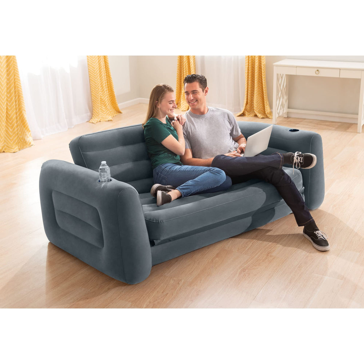 Intex 66552EP Inflatable Pull-Out Sofa: Built-in Cupholder – Velvety Surface – 2-in-1 Valve – Folds Compactly – 46" x 88" x 26" Intex