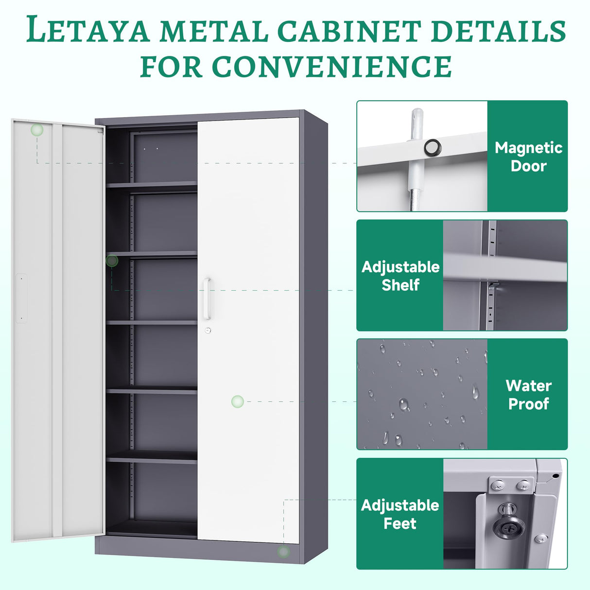 Letaya Metal Storage Cabinet with Lock Door and 5 Shelves,6 Tier Steel Garage Tool Cabinet for Home Office Utility Room 72" H X 36" W X18 D (White Gray) Letaya