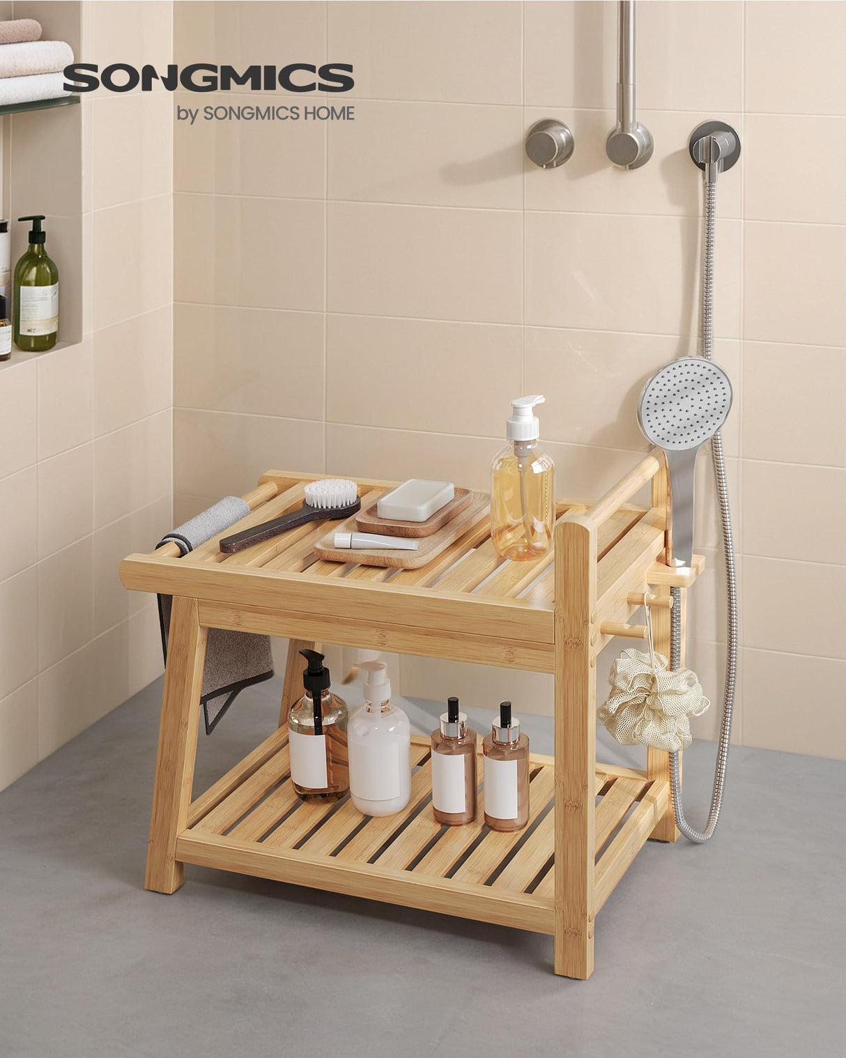 SONGMICS Bamboo Shower Bench with Storage Shelf, Shower Chair, Water Resistant Shower Stool with Handle and Hooks, Shower Head Holder, Non-Slip Feet, for Bathroom, Adults, Natural Beige UBCB121N01 SONGMICS