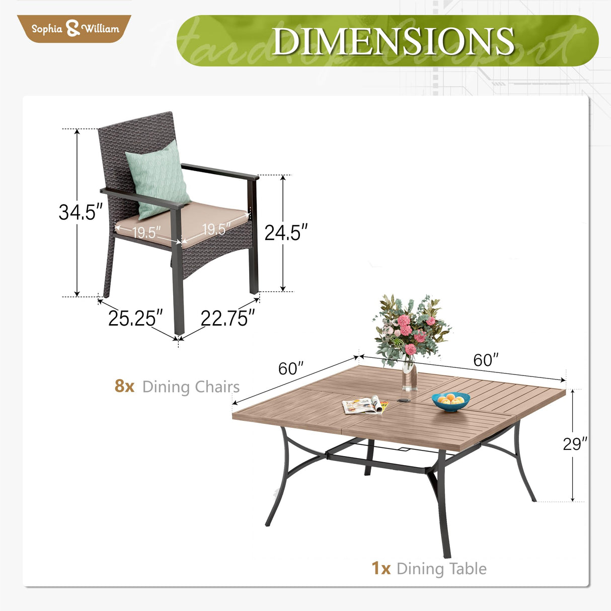Sophia & William 9 Pieces Patio Dining Set for 8, Square Outdoor Table with Umbrella Hole, 8 Rattan Chairs with Cushions, Large Patio Table and Chairs Set Sophia & William