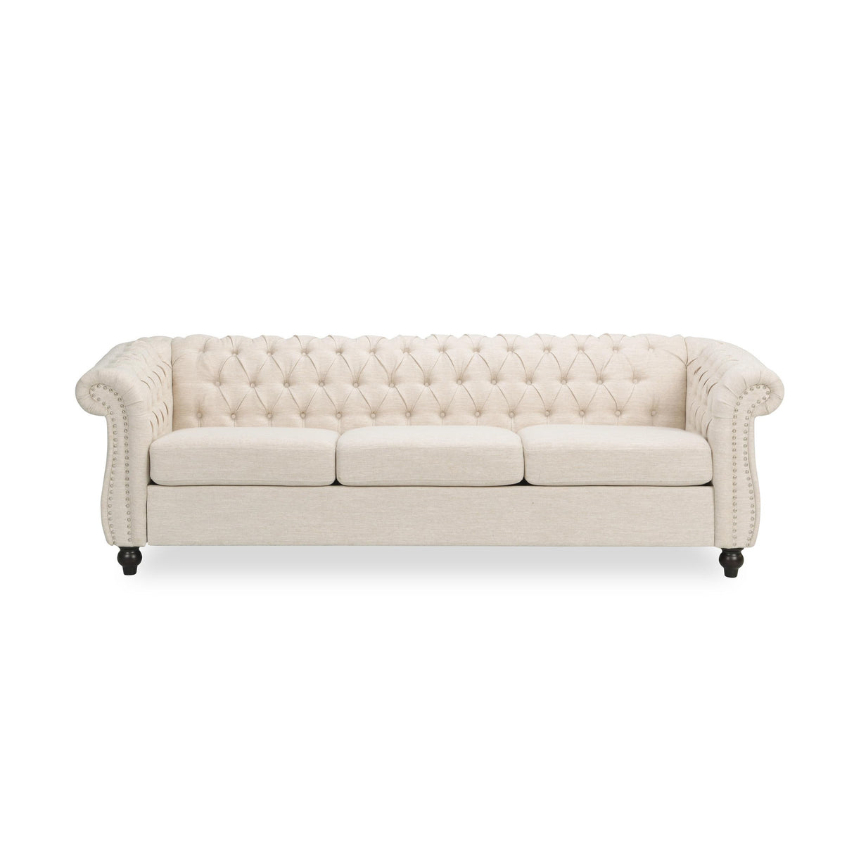 roomfitters Elegant Chesterfield Sofa with Fabric Upholstery and Turned Legs, Luxurious Sofa for Living Room and Bedroom, Beige Fabric roomfitters