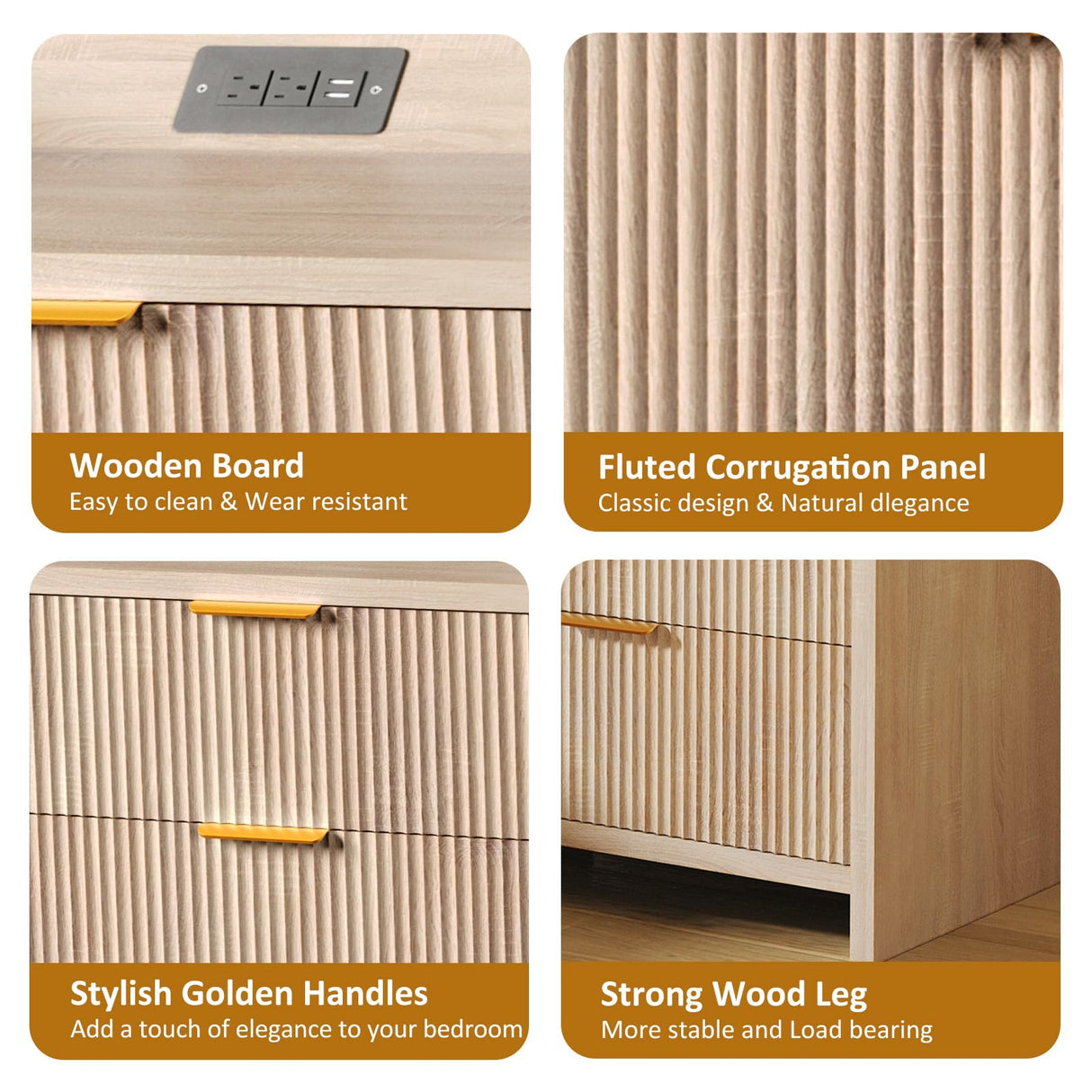 SEPTBOT Fluted Nightstand Set of 2, 23.6" Night Stand with Charging Station,Modern Side Table with 2 Drawers,Bedside Table for Bedroom,Living Room,Natural Oak SEPTBOT