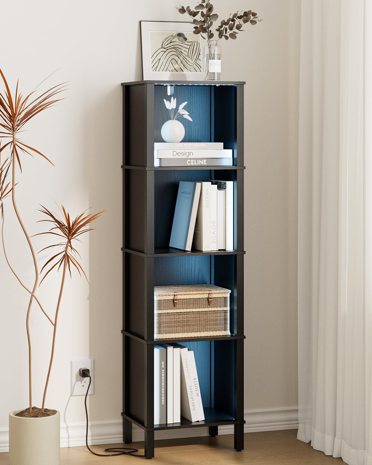 Apetaccat Bookshelf with LED Lights, Modern 4-Tier Bookcase, Open Storage Book Shelf, 11 × 14.2 × 50.4 Inches, Small Narrow Bookshelves for Living Room, Home Office, Bedroom, Black Apetaccat