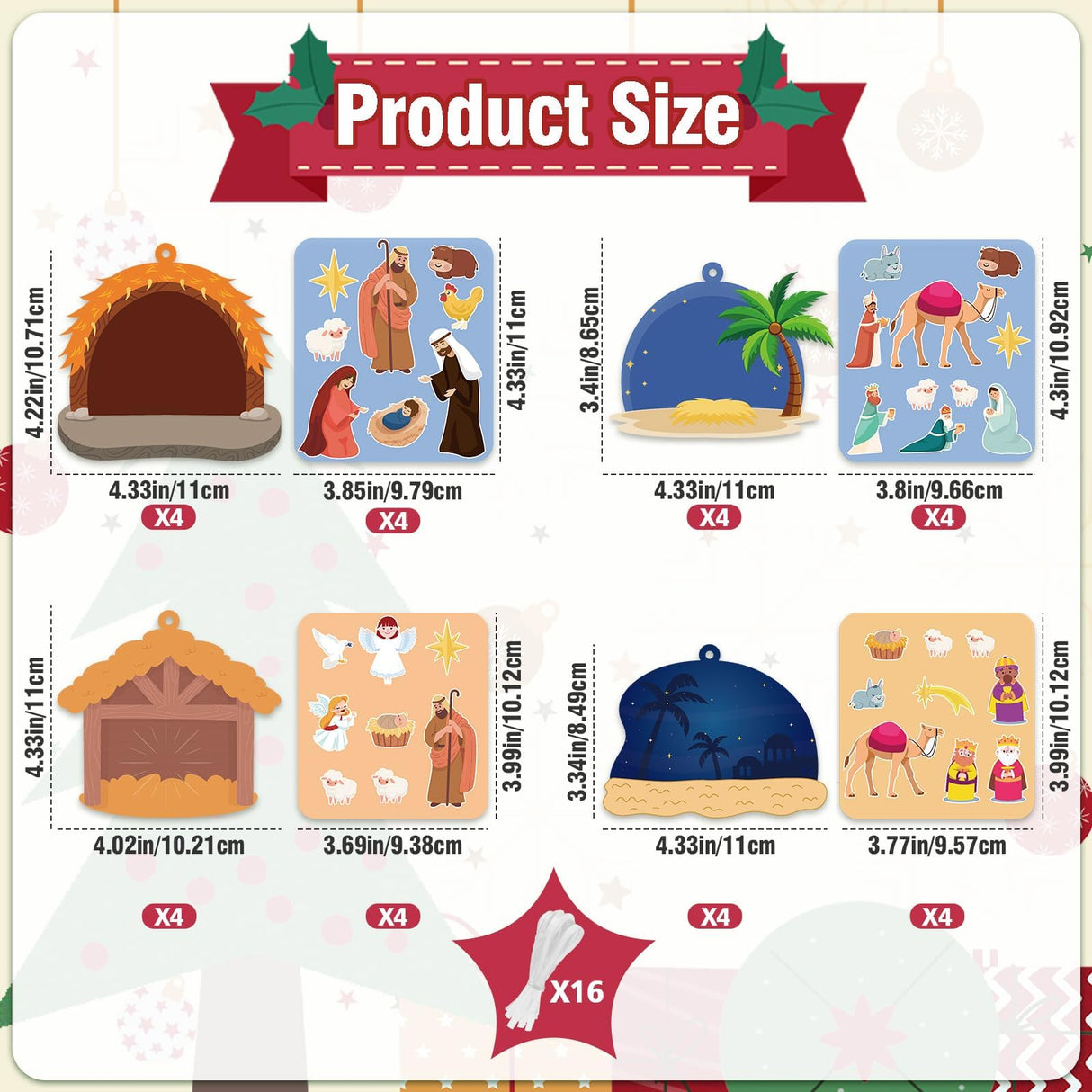 Christmas Nativity Ornament Crafts for Kids - 16 Pack Make Your Own Nativity Scene Ornament Kit with Nativity DIY Craft Stickers Cutouts for Kids Xmas Tree Holiday Classroom Art Activity Party Favors VABAMNA