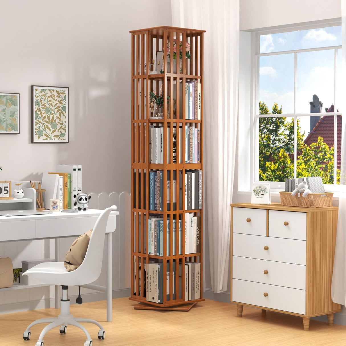 Rotating Bamboo Bookshelf | 6 Tier Revolving Bookcase | 360-degree Space Saving Spinning Book Shelf | Swivel Book Shelves for Display Corner-Friendly Small Space-15.75"W×15.75"D×74.8"H(Walnut) Lauxery
