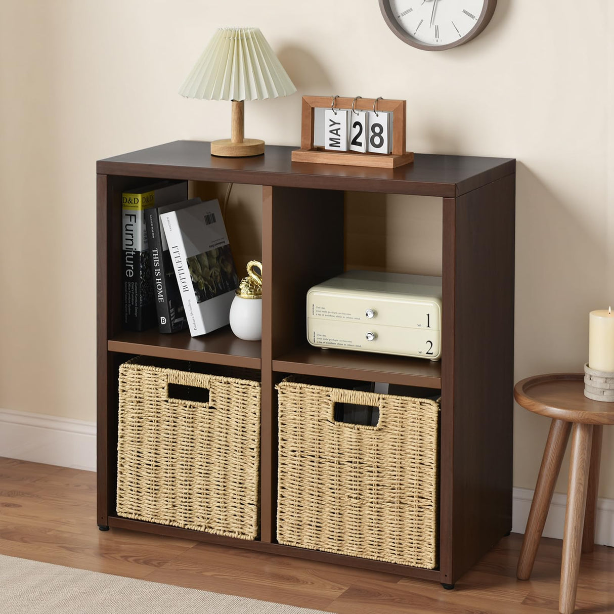 IRONMIX Metal 4 Cube Storage Organizer, Short Bookshelf with Storage, 2 Tier Horizontal Bookshelf, Small Cube Shelf, Freestanding TV Stand for Classroom, Home Office Library(Dark Wooden, 700-2 Set) IRONMIX