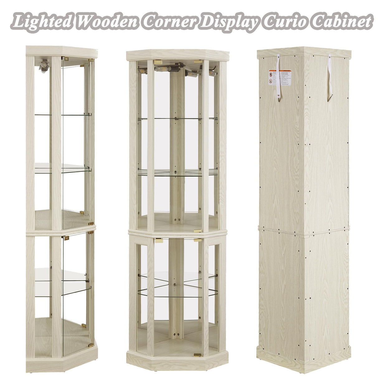 XZTUAJ 69"H Lighted Curio Cabinet Corner Display Case, Corner Glass Cabinet with Adjustable Shelves and Tempered Glass, Wooden Corner Curio Cabinet w/ Mirrored Back Pane for Living Room(Antique White) XZTUAJ