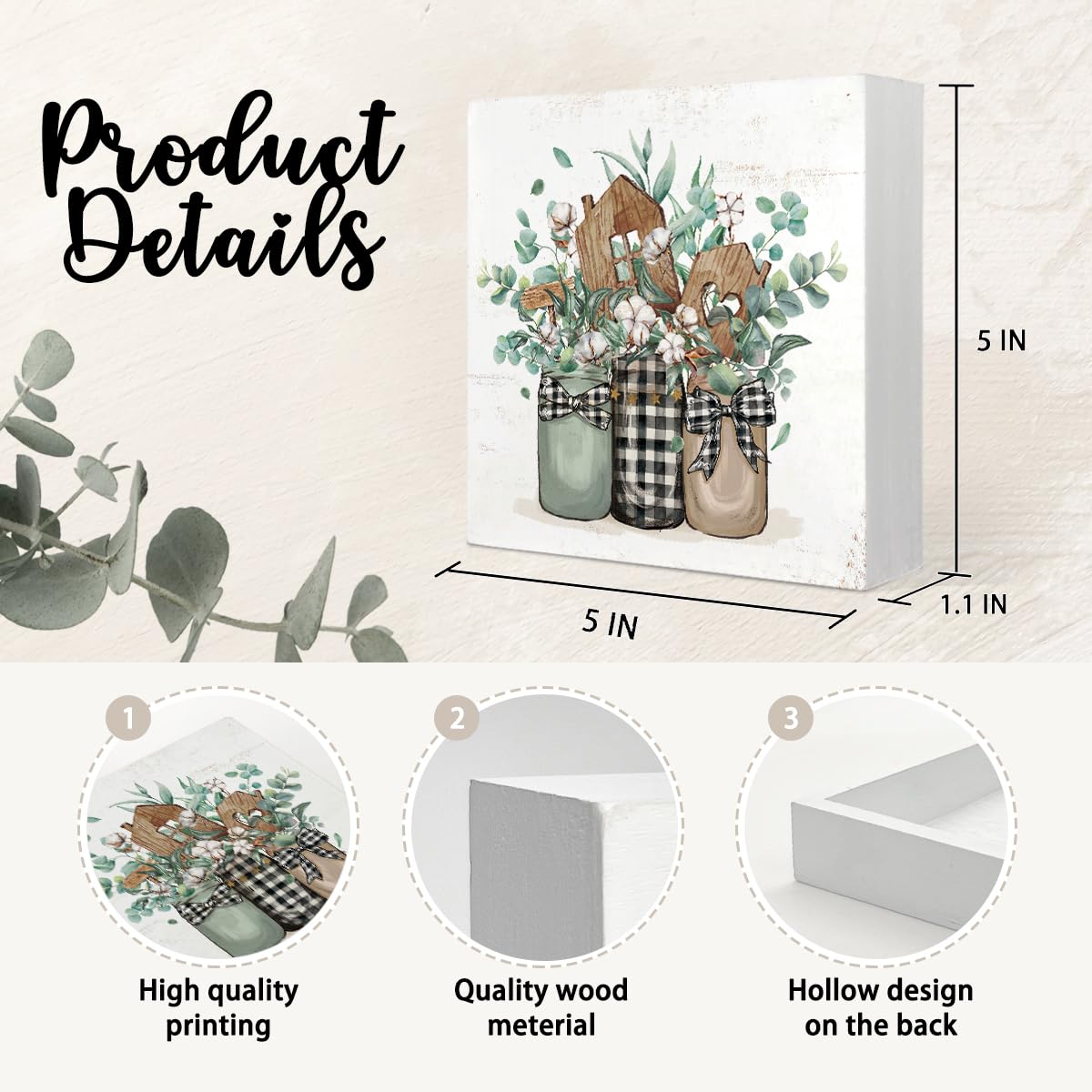 Yetmadi Spring Eucalyptus Leaves Sign Wood Box Desk Decor,Eucalyptus Decor,Sage Green Eucalyptus Leaves Wooden Block Box Sign Decoration for Farmhouse Shelf Table Decor,5x5 Inch Yetmadi