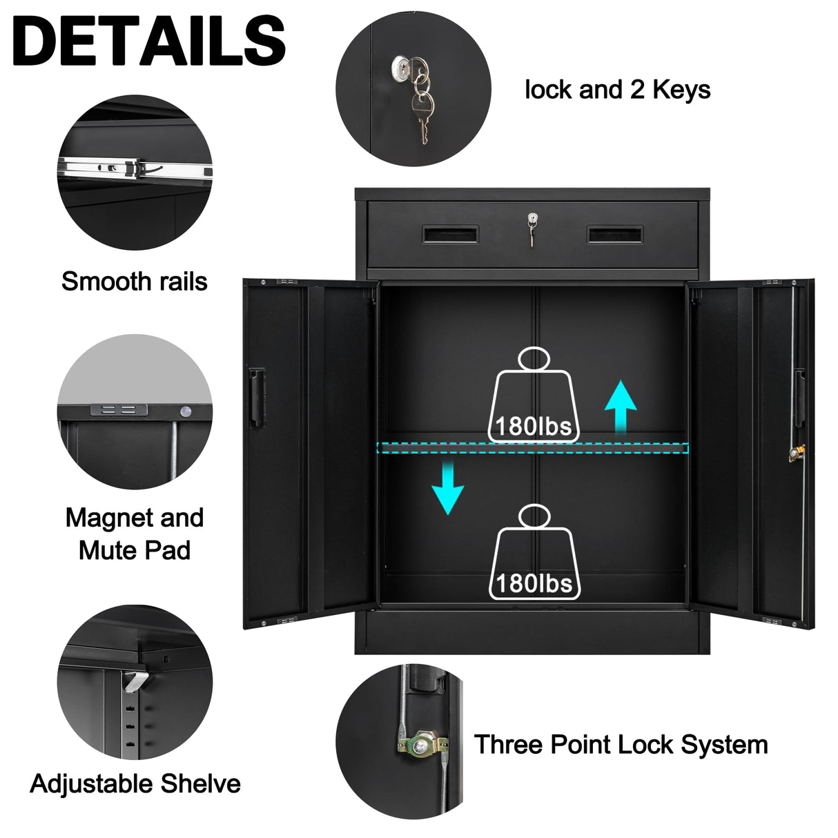 BESFUR Locking Storage Cabinet, Metal Cabinet with Oversized Drawer, Office Storage for Home, Garage, School - Black BESFUR