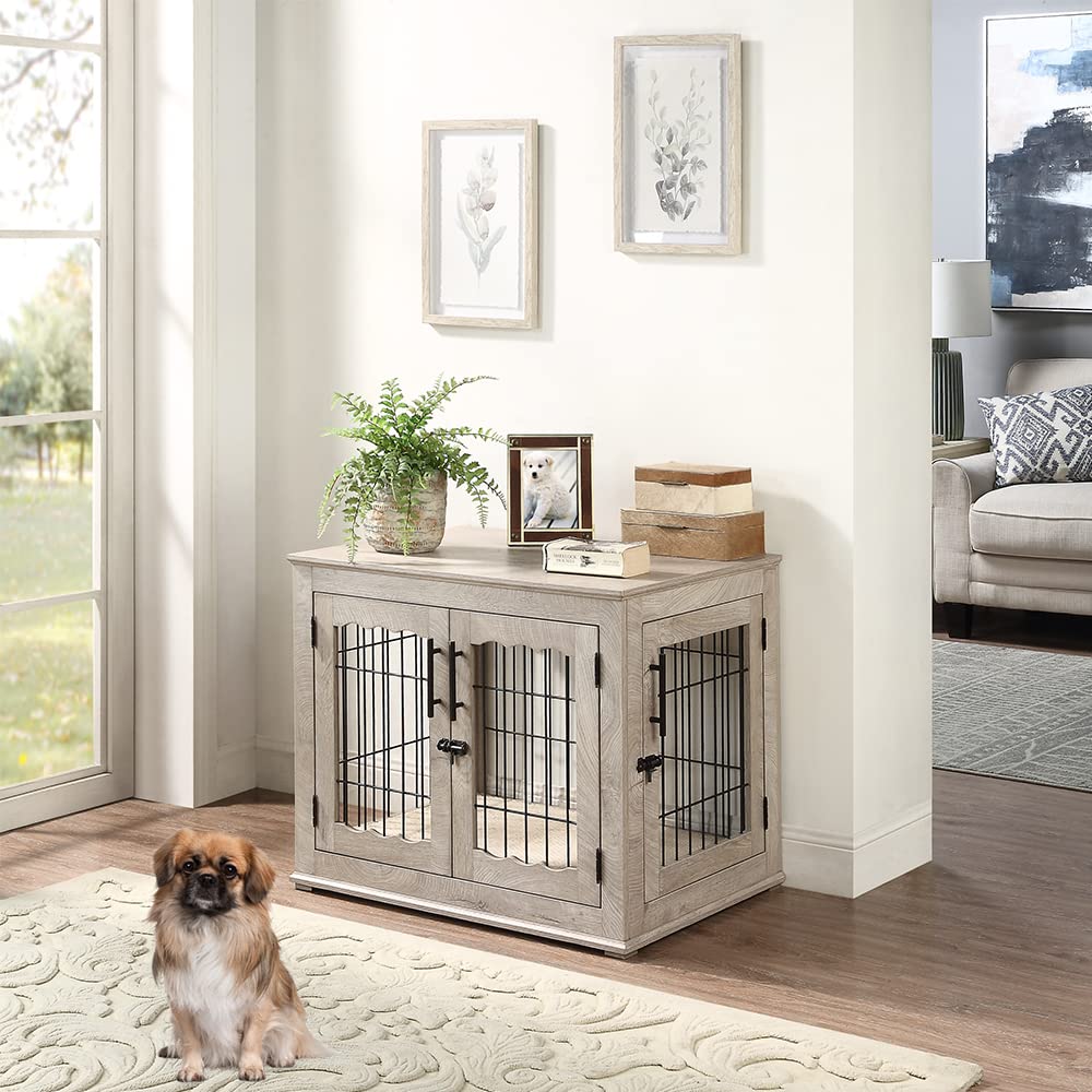 beeNbkks Furniture Style Dog Crate End Table, Double Doors Wooden Wire Dog Kennel with Pet Bed, Decorative Pet Crate Dog House Indoor Medium Large beeNbkks
