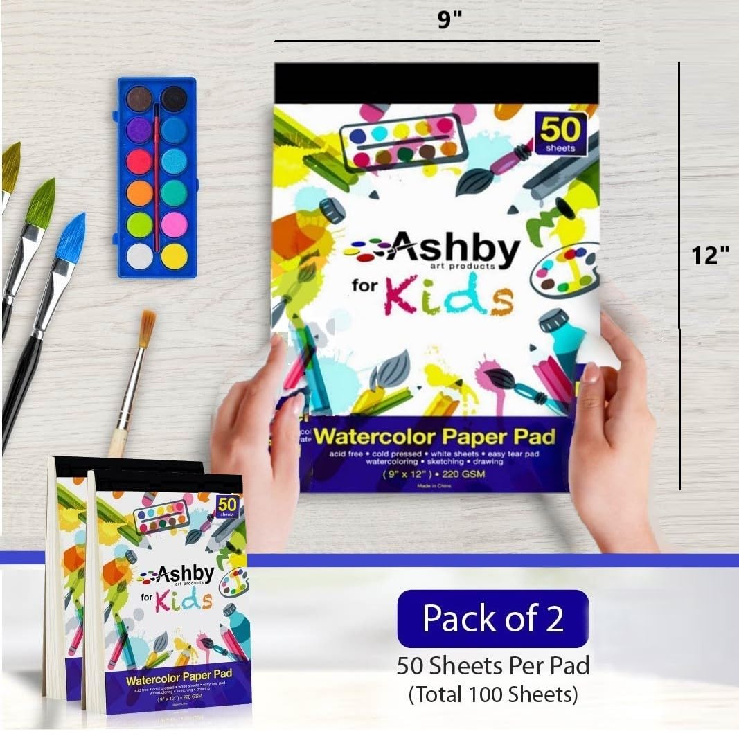 Ashby for Kids - 2 Pack of 9 x12 (220 GSM) Watercolor Paper for Kids. 100 Extra Thick Pages (50 per Pad). Great for Fingerpaints, Drawing, Doodling and Sketching. Easy to Remove Pages. Natural White Ashby