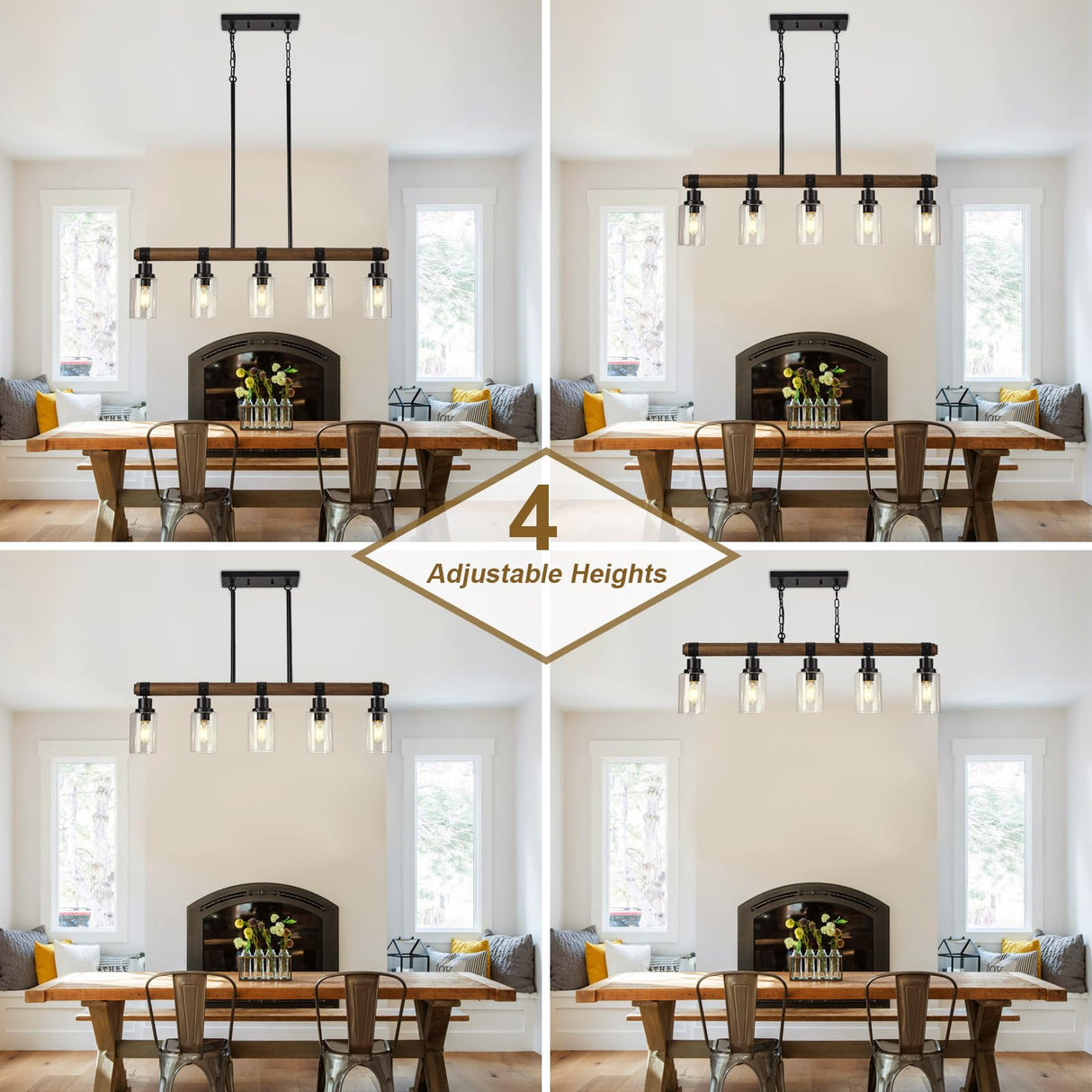 Dining Room Chandelier Over Table, 5-Light Farmhouse Kitchen Island Lighting, Matte Black Rustic Wood Chandelier with Clear Glass Shade, Ceiling Pendant Light Fixture for Kitchen maesta